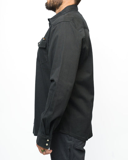 Vintage black Earl denim shirt by Off The Grid Surplus, long sleeve shirt with classic denim design and button closure.