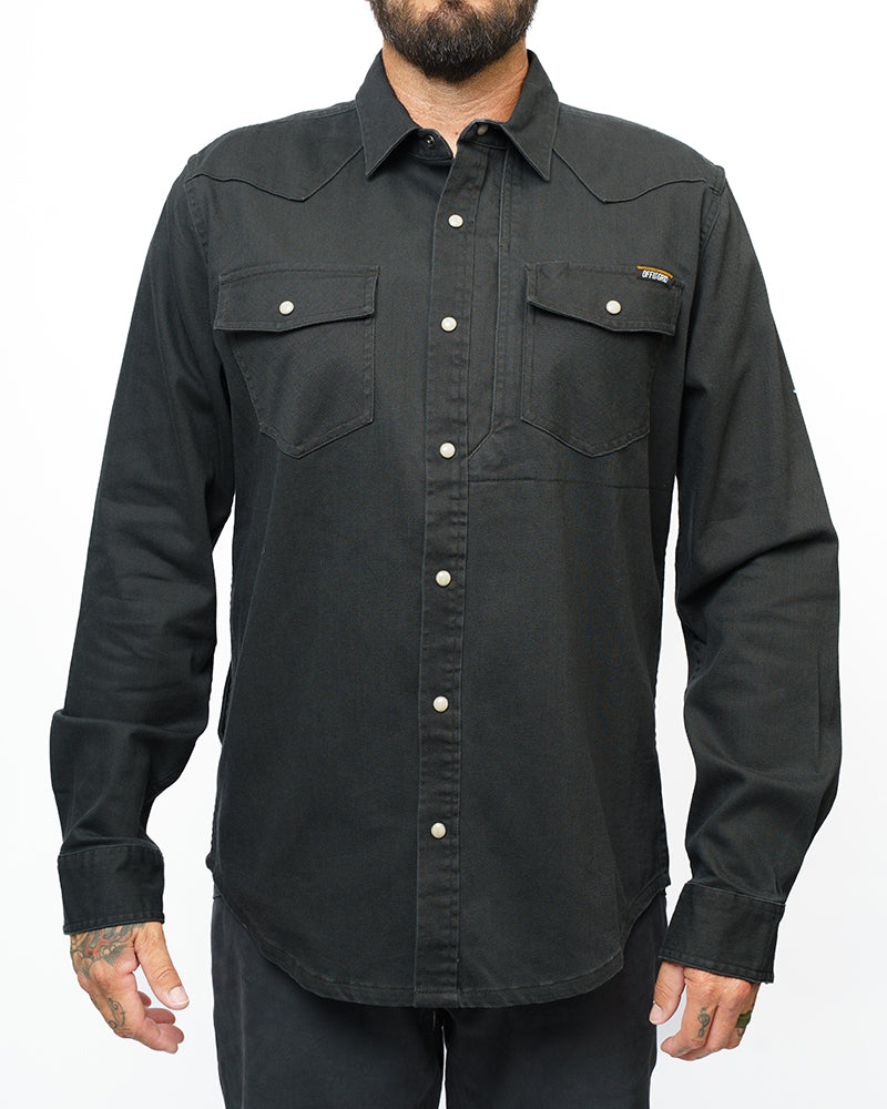 Vintage black Earl denim shirt by Off The Grid Surplus, long sleeve design with classic denim texture and button front.