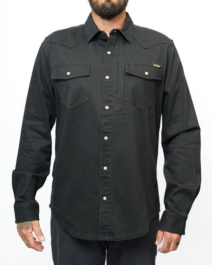 Vintage black Earl denim shirt by Off The Grid Surplus, long sleeve design with classic denim texture and button front.