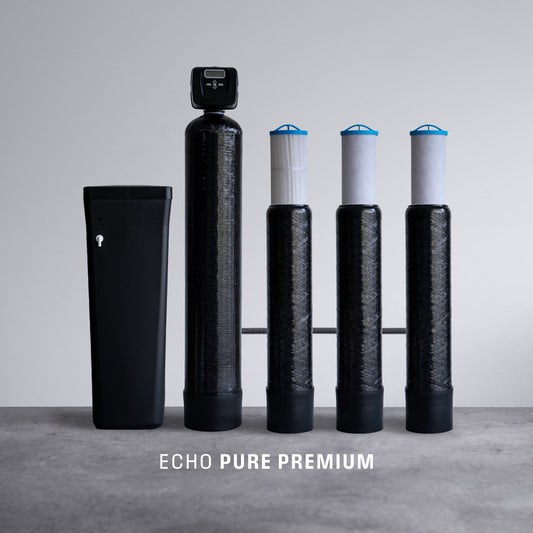 Echo Water EchoPure Premium whole home water filter installed on plumbing system, showing filter unit and connections.