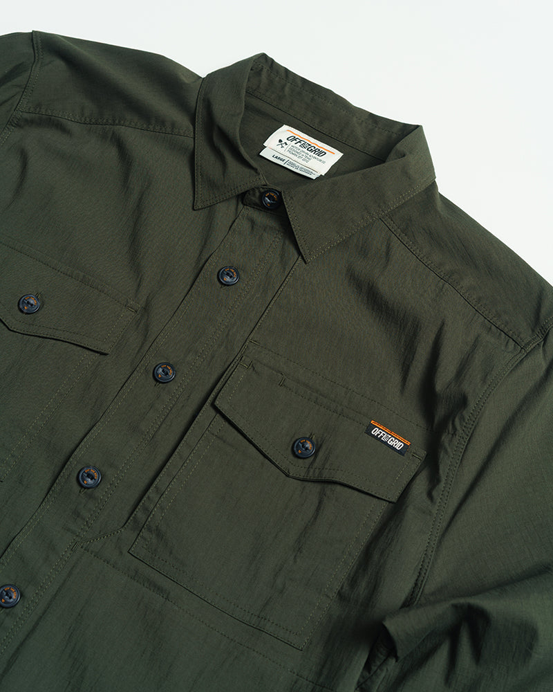 Off The Grid Surplus Echo Bravo LS Army Shirt, long sleeve button-up military-style shirt in camouflage fabric.