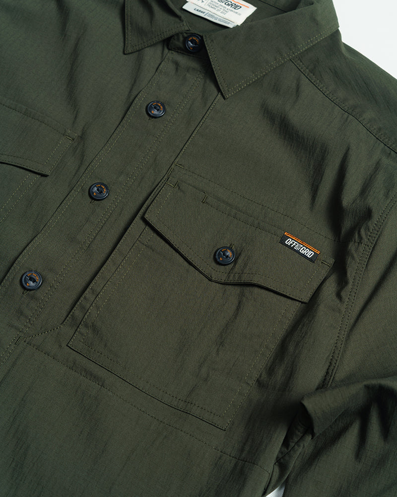 Off The Grid Surplus Echo Bravo LS Army Shirt showing a long sleeve button-up military-style shirt in camouflage fabric.