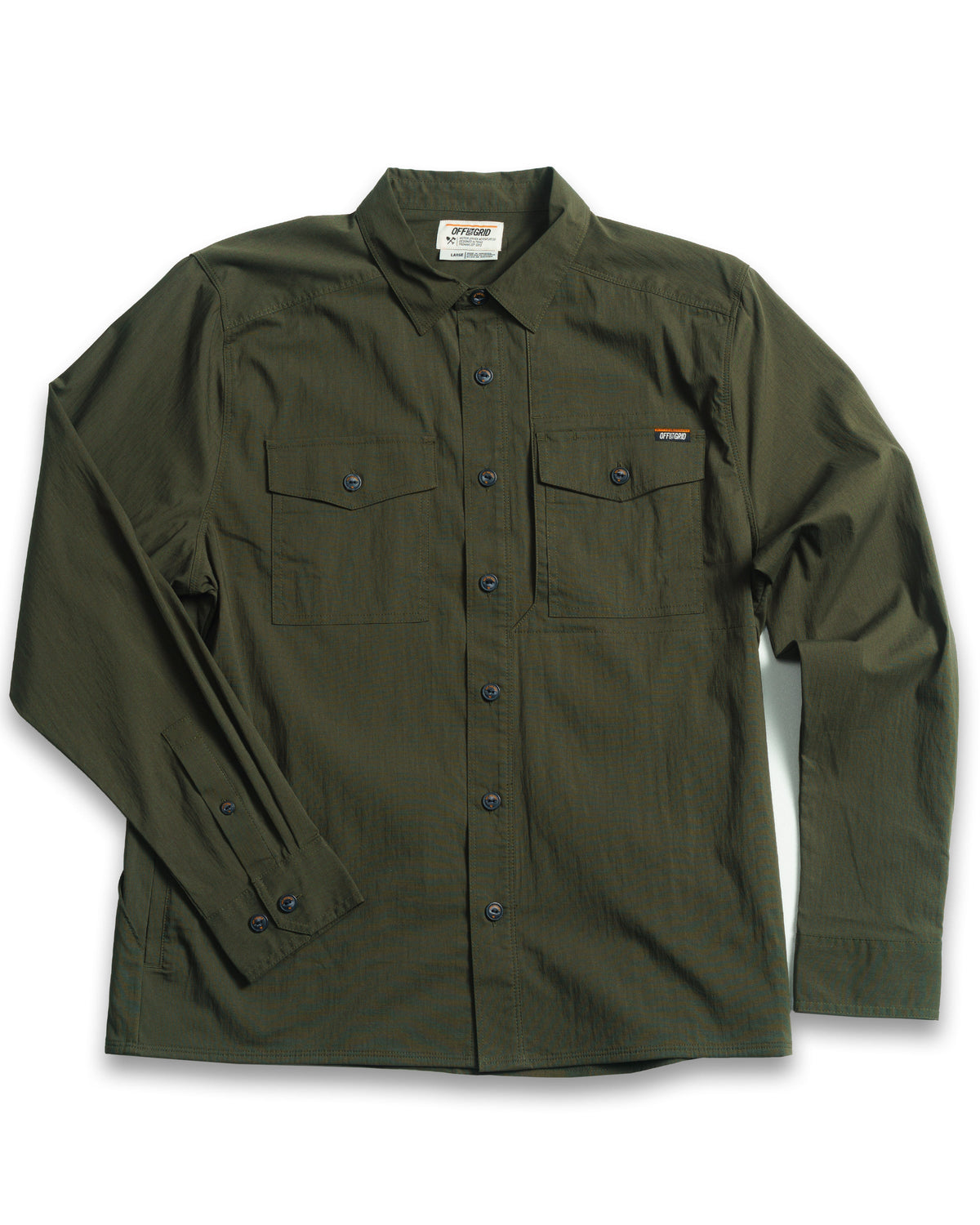 Long sleeve Echo Bravo LS shirt in army green by Off The Grid Surplus, featuring a rugged military-inspired design.