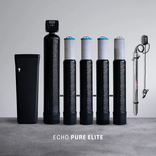 Echo Water Pure Elite whole home water filter unit installed in a modern utility space, showcasing its sleek design and filtration system.