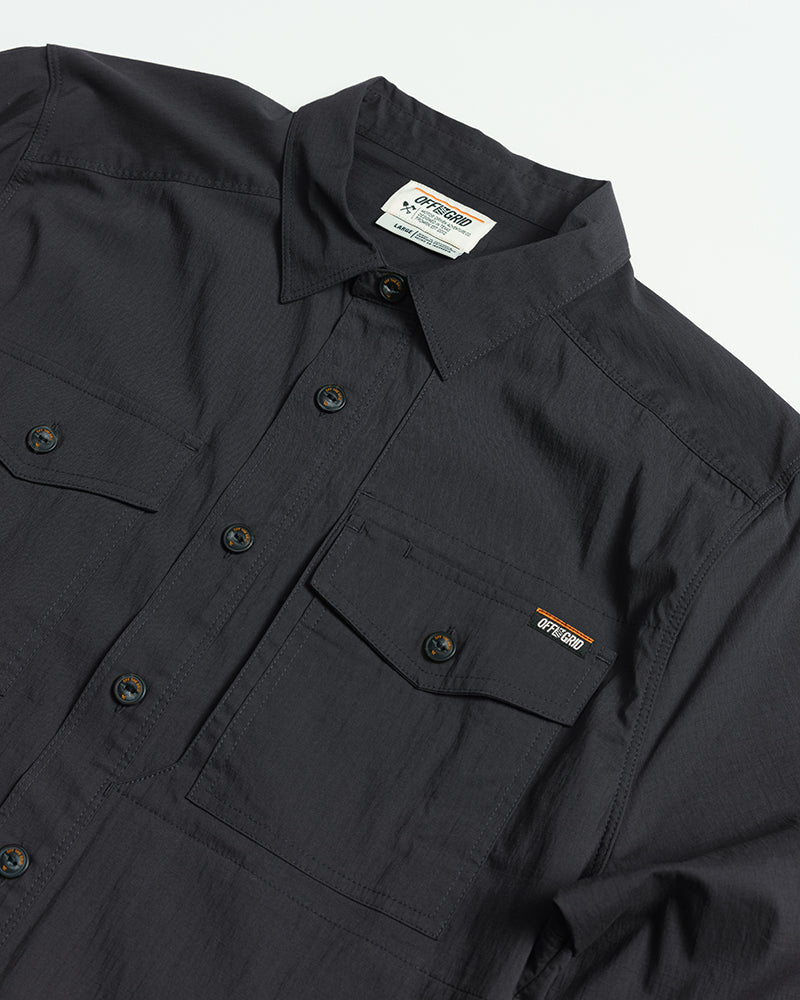 Off The Grid Surplus Echo Bravo LS Shirt in vintage black, long sleeve button-up shirt with a casual fit and classic design.