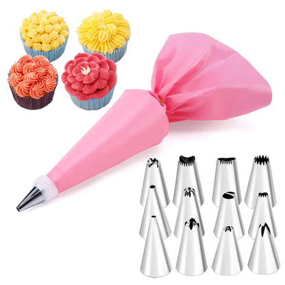 14-Piece Stainless Steel Cake Decorating Set with Assorted Tips and Pastry Bags for Professionals
