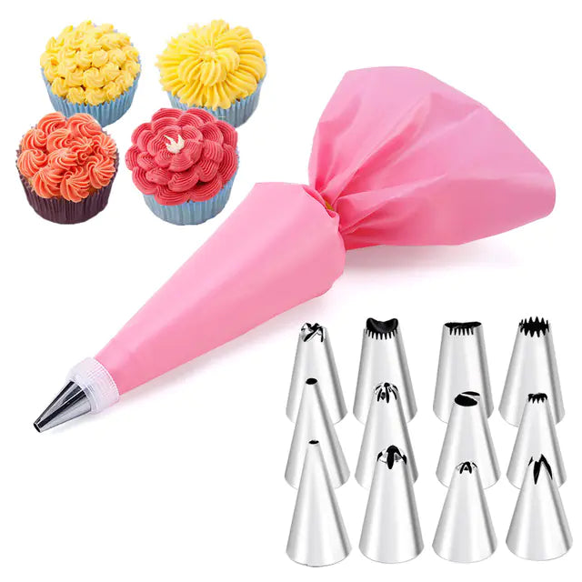 14-Piece Stainless Steel Cake Decorating Set with Assorted Tips and Pastry Bags for Professionals