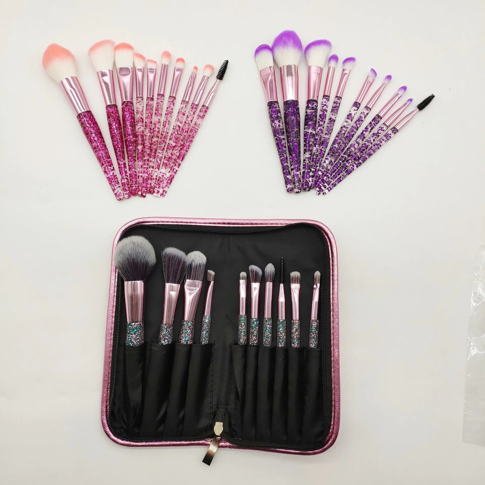Complete Colorful Makeup Brush Set with Synthetic Fibers arranged in a stylish zipper bag, great for flawless blending & contouring.