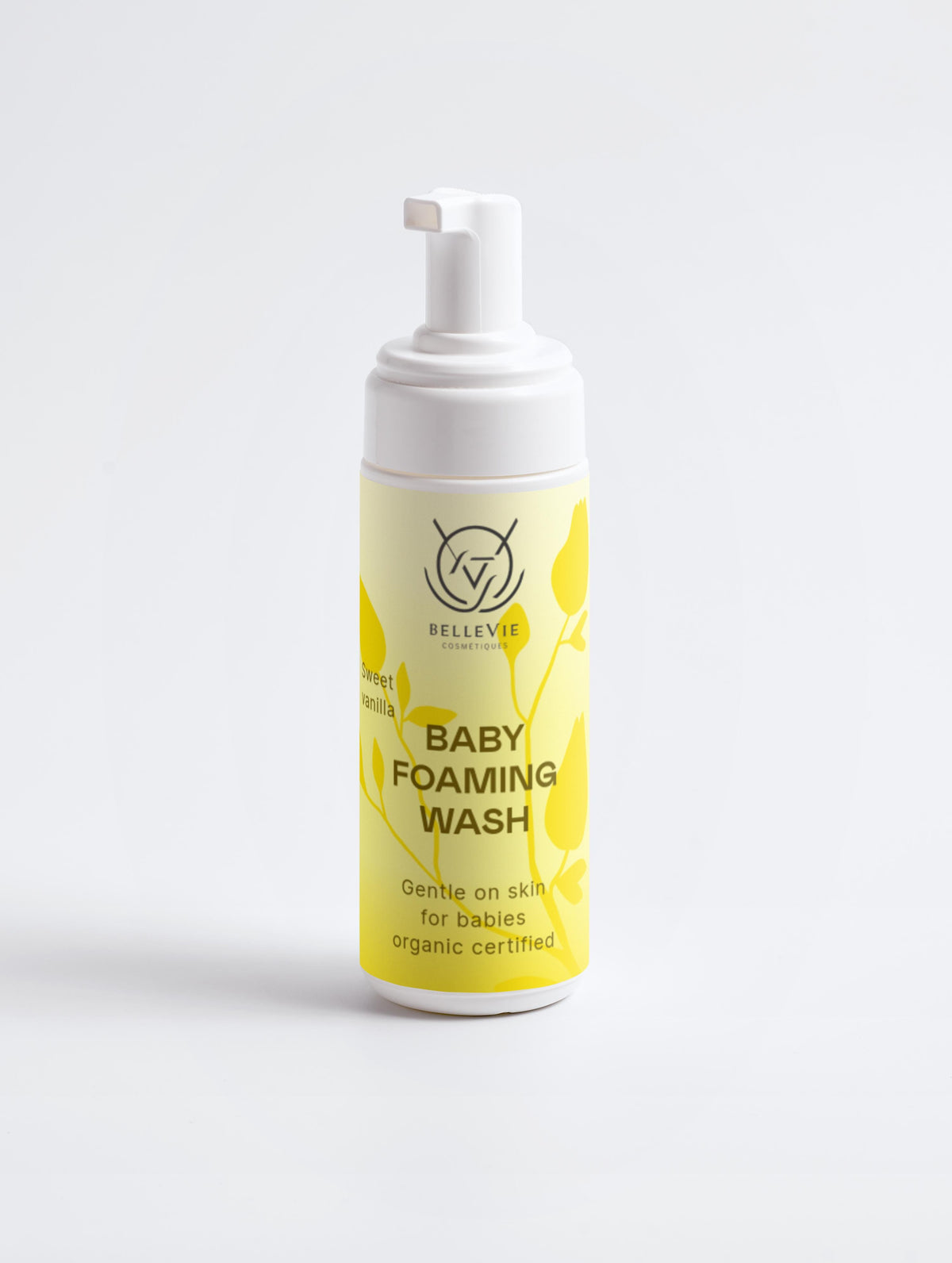 Baby Belleviecosmetic foaming wash in a 150ml bottle, gentle, nut-free newborn cleanser with a pump dispenser and soft labels.