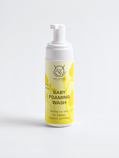 Baby Belleviecosmetic foaming wash in a 150ml bottle, gentle, nut-free newborn cleanser with a pump dispenser and soft labels.
