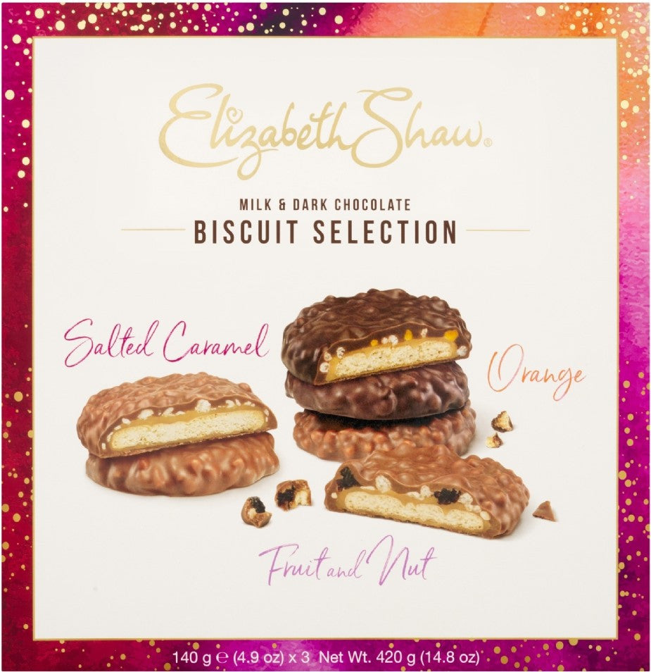 Elizabeth Shaw Chocolate Biscuits 420g box showing gold packaging and stacked biscuits on a white background.