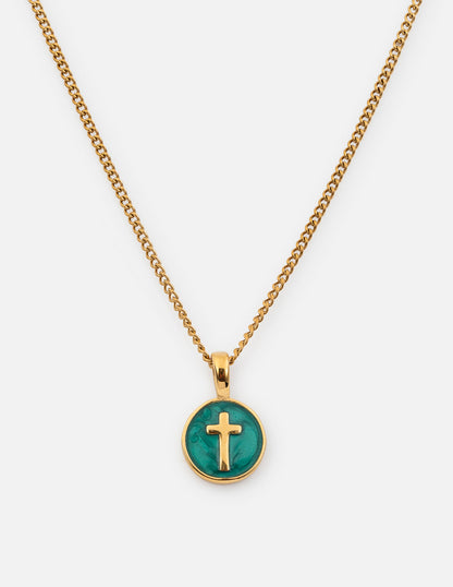 Emerald Agape Cross pendant necklace by Elevated Faith featuring a detailed cross design with vibrant emerald accents.