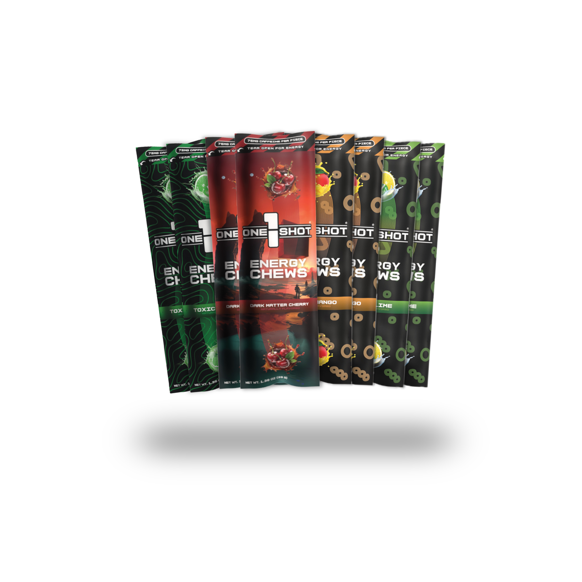 Six energy chews from 1 Shot Energy's Energy Stack, colorful and individually wrapped for quick energy boost.