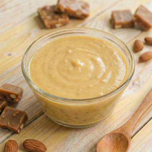 Delicious AmBari Nutrition English toffee protein pudding in a cup, showcasing rich caramel-colored toffee flavor and creamy texture.