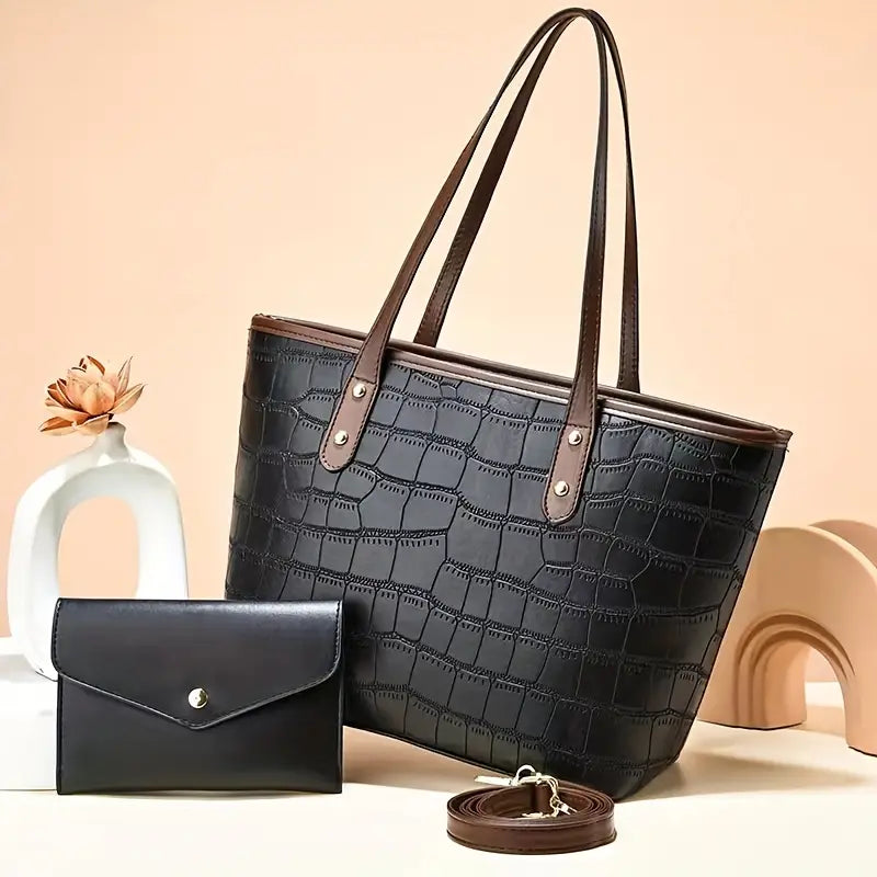 Crocodile Embossed Tote Bag Set with Clutch Purse