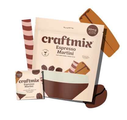 Craftmix Espresso Martini with a sleek glass, featuring a rich coffee color and frothy top, ready to enjoy.