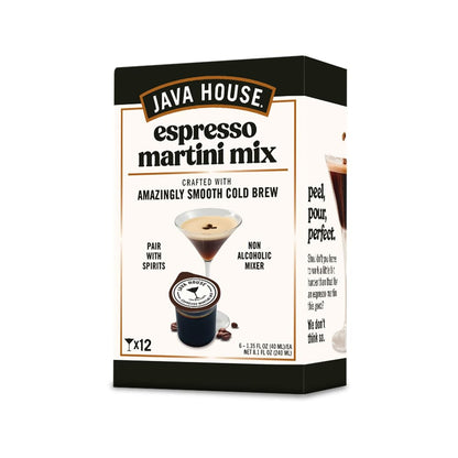 Java House Cold Brew Espresso Martini Mix peel and pour pods, ready-to-use coffee cocktail mix in a 6-count package.