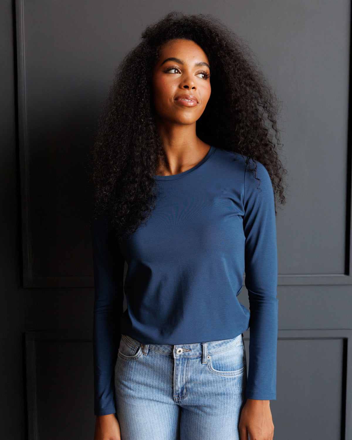 Downeast Essential Long Sleeve Tee, lightweight tops for women, in classic solid color, showing front view with relaxed fit.