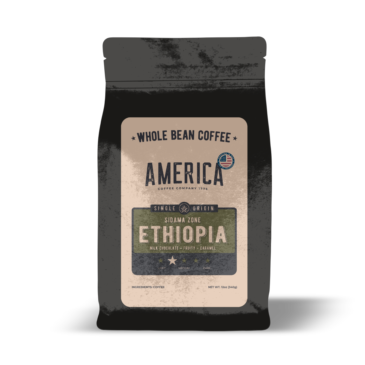 Ethiopia single origin natural coffee beans from America Supply Company LLC, whole and roasted for brewing.