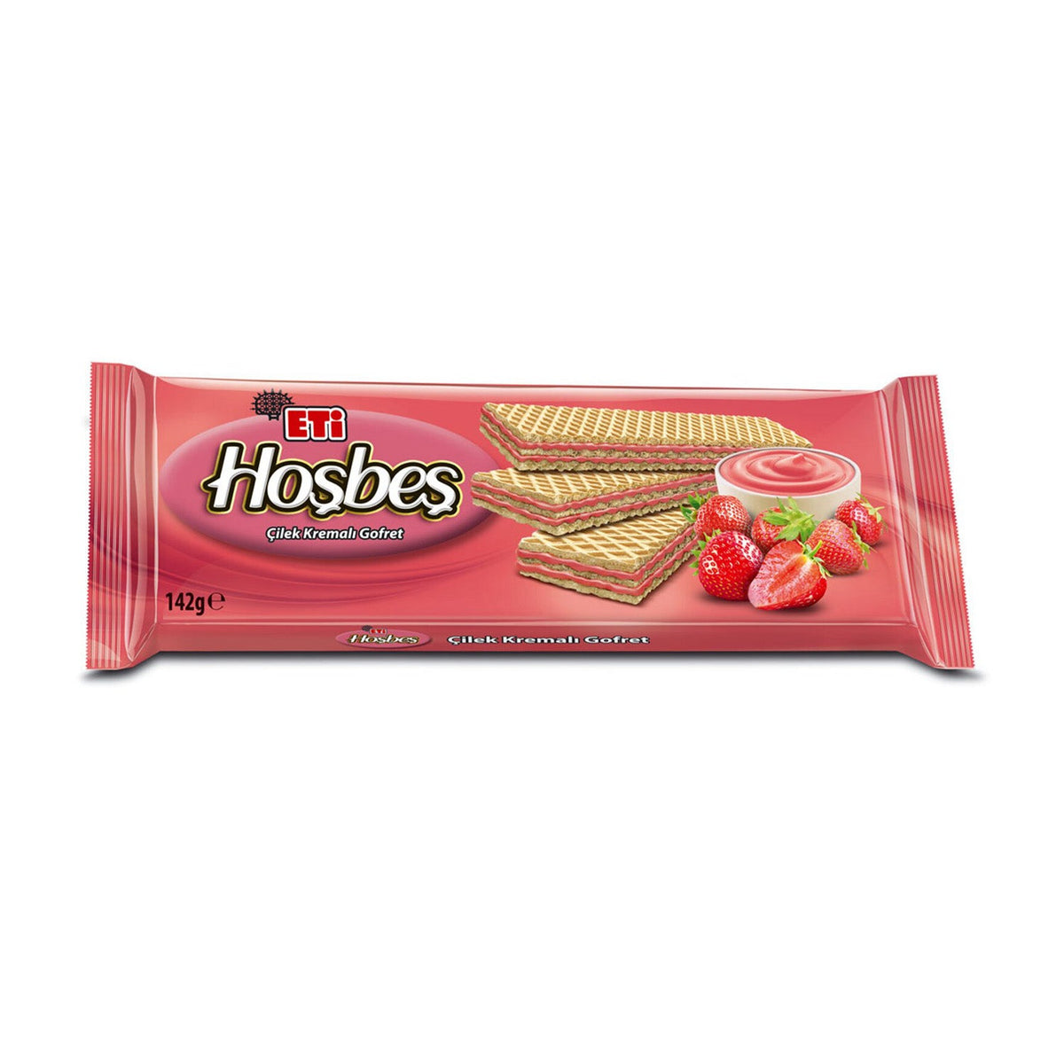 Eti Hosbes Strawberry snack by S101, 142g, showing a colorful package with strawberry-flavored snack pieces inside.