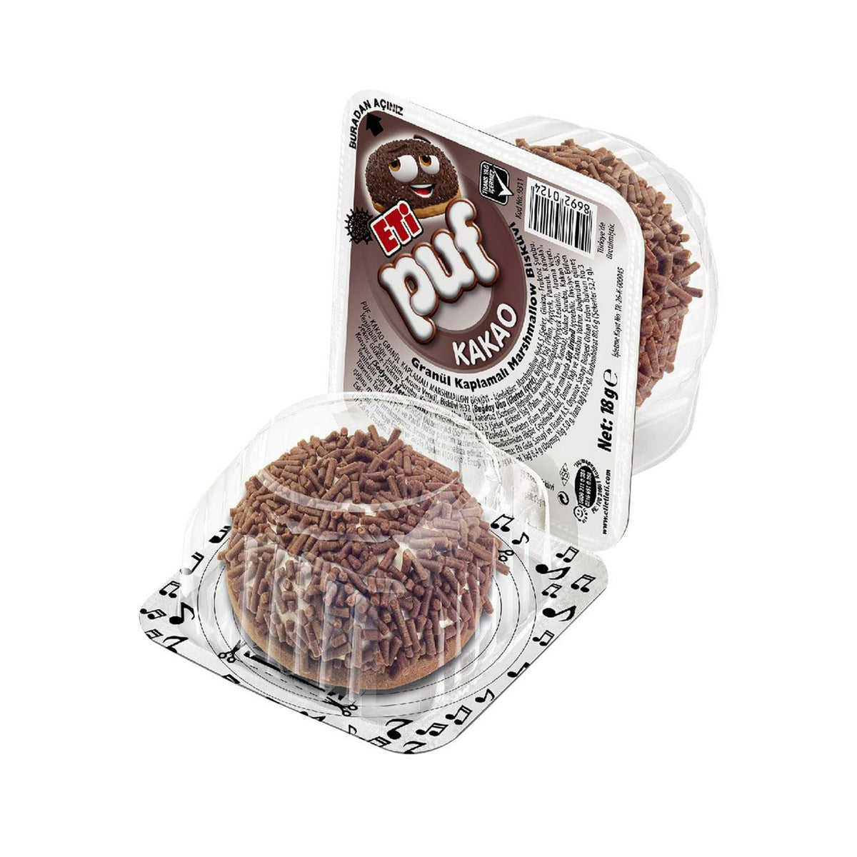 Eti Puf Biscuit Cocoa snack in 18g package, showing crispy biscuit with cocoa flavor and colorful packaging.