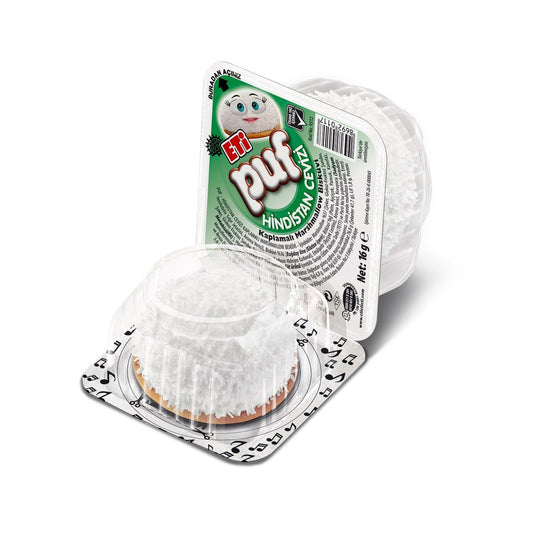Eti Puf Biscuit Coconut snack by S101, showing a crispy coconut-flavored puff biscuit in a 16g package.