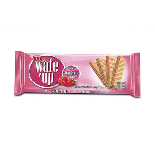 Eti Wafe Up Strawberry snack by S101, showing crispy wafer sticks coated with strawberry flavor, in a 142g package.