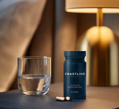 Coastline Longevity Recovery+ Evening Capsules in a clear bottle, showing the PM capsules designed for nighttime wellness.