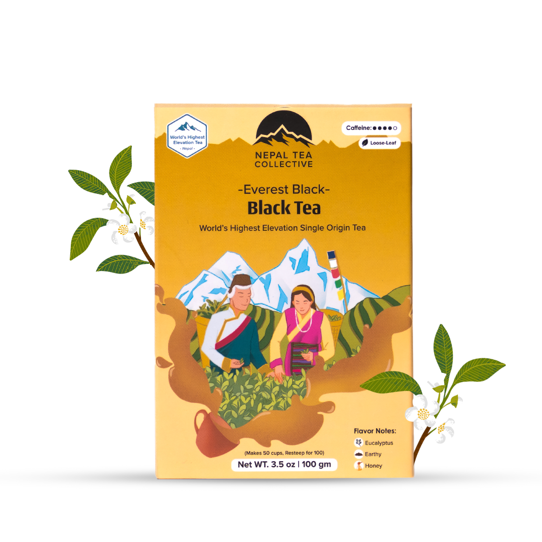 Nepal Tea Everest Black tea in 100g package, showing dark loose leaf tea with label, premium black tea from Nepal.