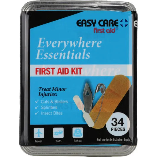 Pasteur Pharmacy Easy Care First Aid Everywhere Essentials Kit with 34 pieces, including bandages, antiseptics, and medical supplies.
