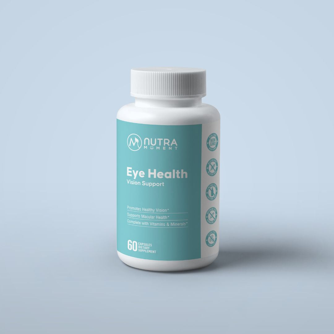 Close-up of Nutra Moment Eye Health supplement capsules in a glass jar, highlighting health and beauty benefits for eye support.