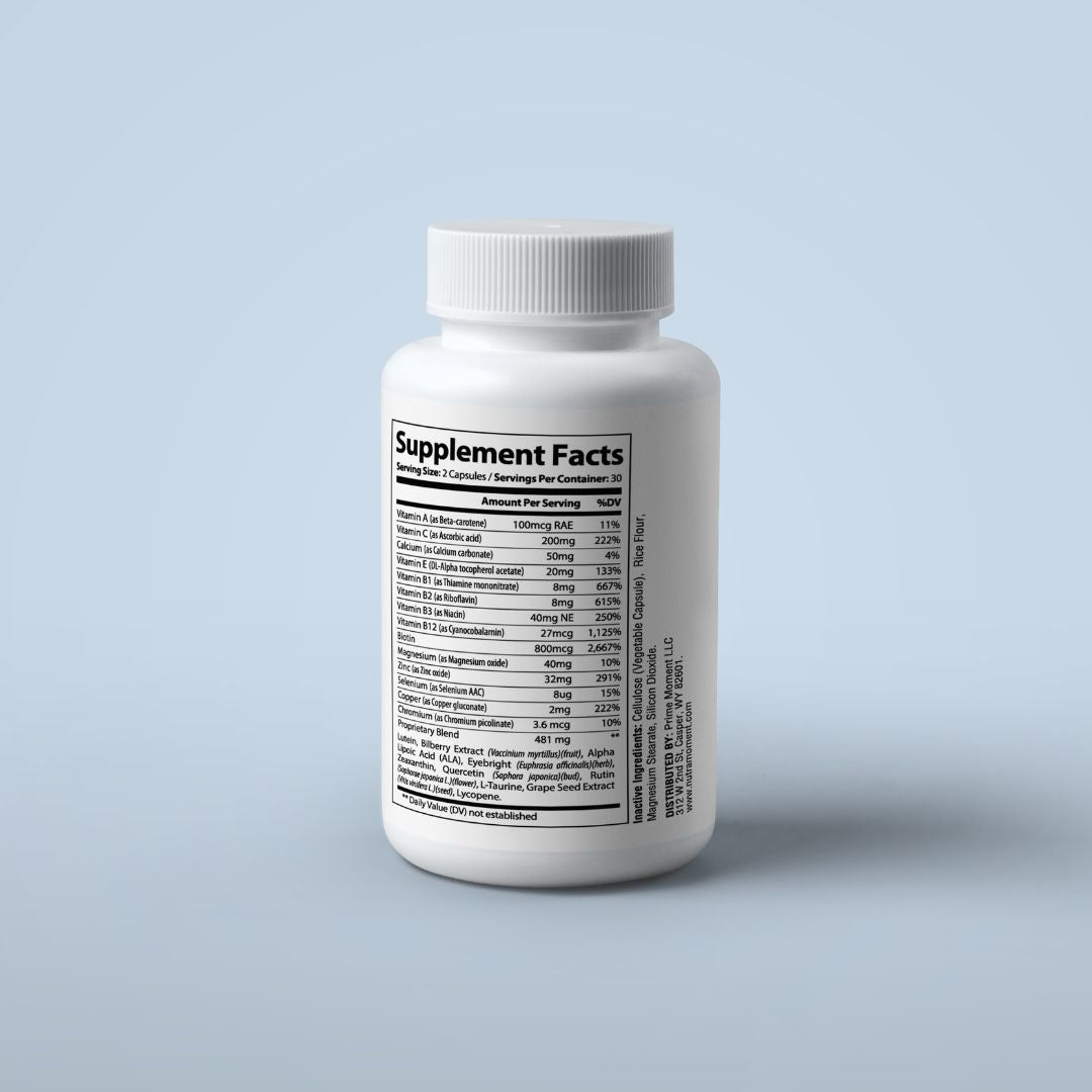 Nutra Moment Eye Health supplement bottle with eye health capsules, shown against a clean white background.