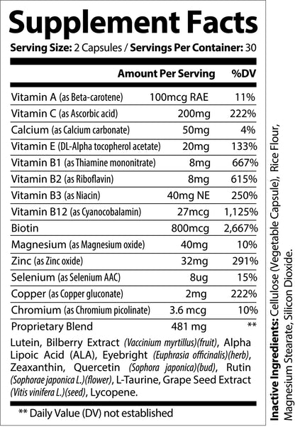 Nutra Moment eye health supplement facts label showing ingredients and nutritional information for eye health support.