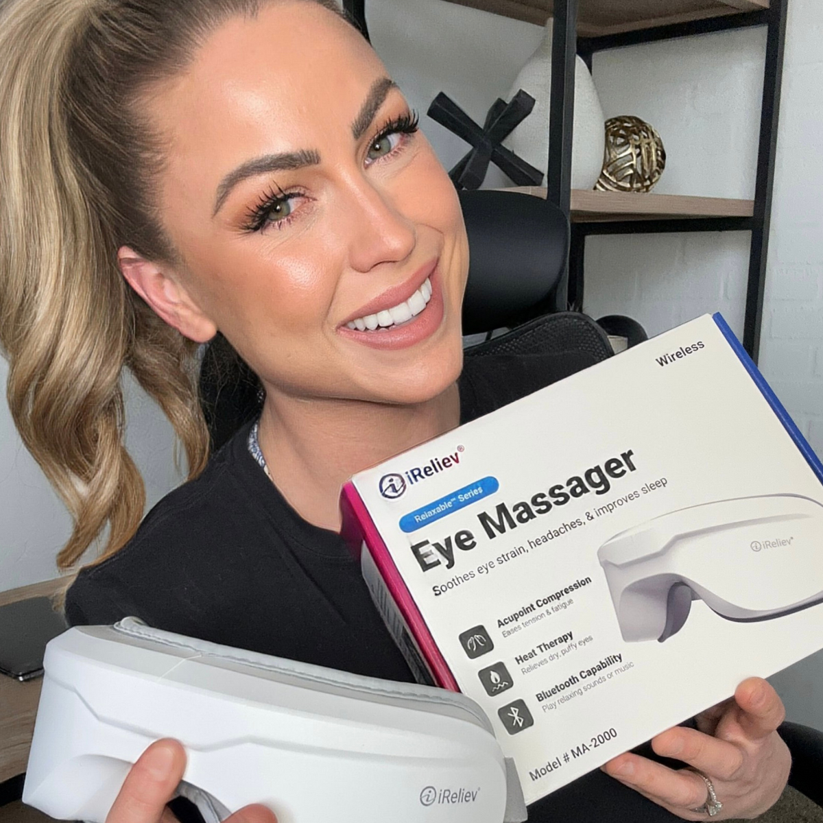 iReliev Relaxable™ Eye Massager with Heat, showcasing a comfortable wearable device designed to soothe and relax tired eyes.