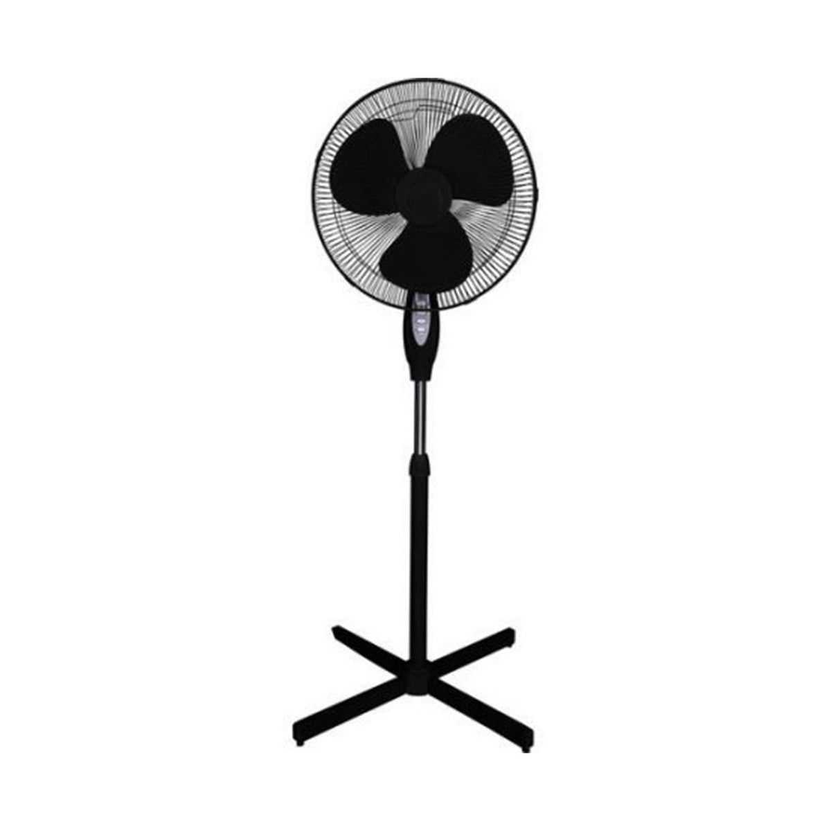 Optimus 16-inch black oscillating stand fan with adjustable height and control buttons, perfect for cooling rooms.