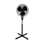 Optimus 16-inch black oscillating stand fan with adjustable height and control buttons, perfect for cooling rooms.