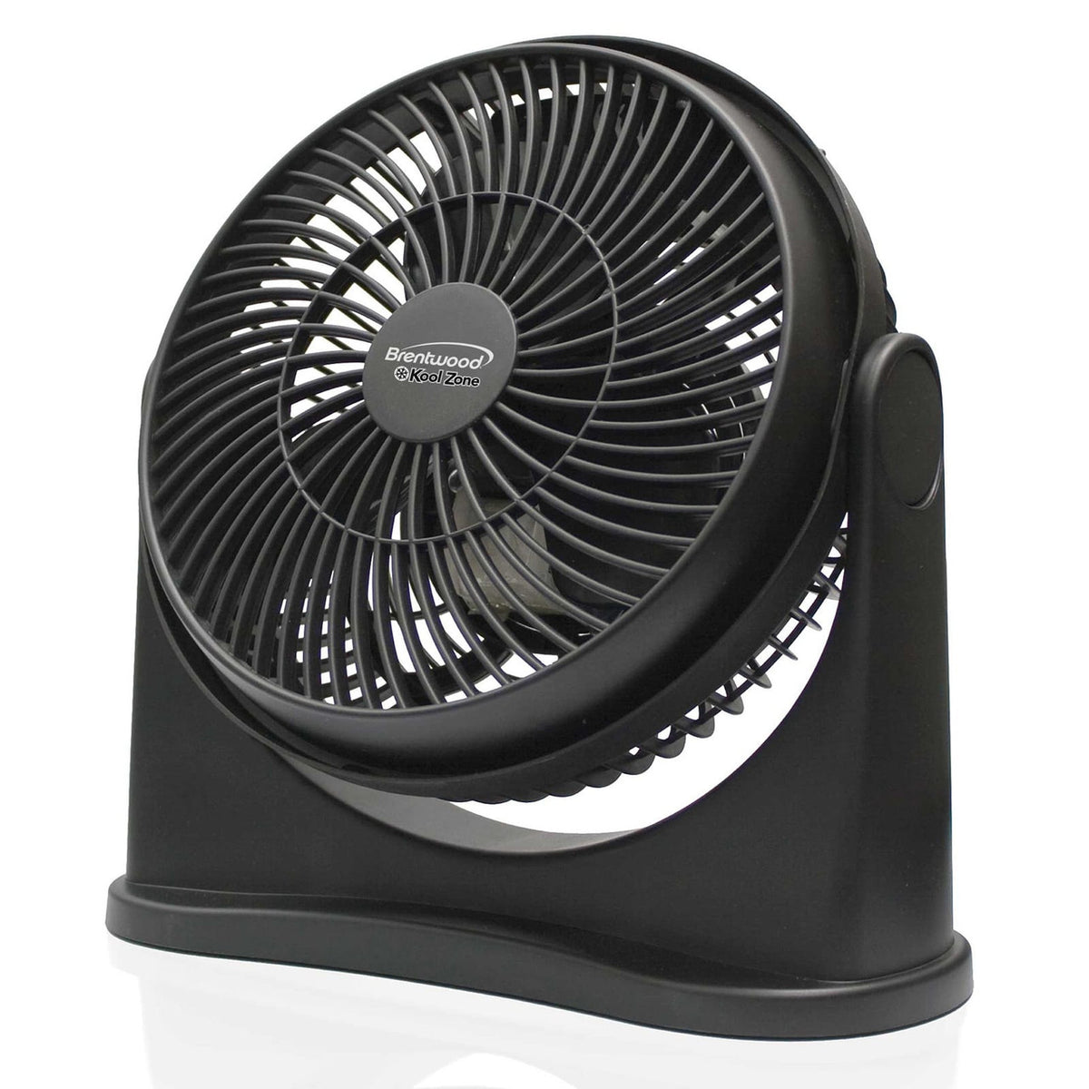 Brentwood 8-inch air circulatory fan with black blades and stand, designed for efficient airflow in heating and cooling spaces.