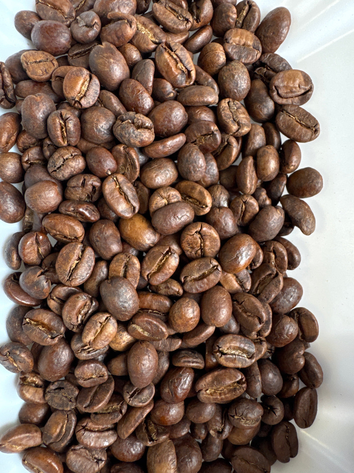 Decaf single origin dark roasted coffee beans from Condor Colombia, displayed in a bag with a rustic backdrop.