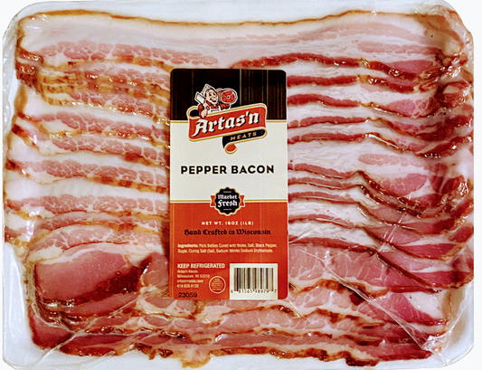 Slices of pepper-infused bacon from Artas'n Meats, showcasing their flavorful, seasoned bacon slab for breakfast or cooking.