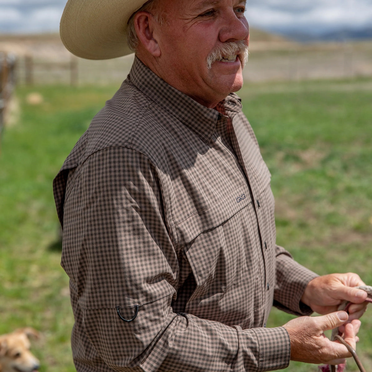 GameGuard Bark TekCheck long sleeve shirt with a plaid pattern, featuring a classic collar and button-up front.
