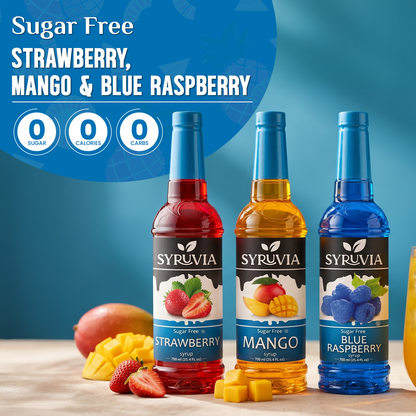 Sugar Free Summer Escape beverage from Syruvia, with refreshing colorful fruit and ice in a clear glass.