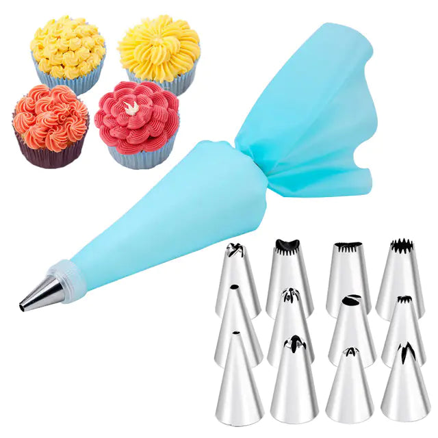 14-Piece Stainless Steel Cake Decorating Set with Assorted Tips and Pastry Bags for Professionals