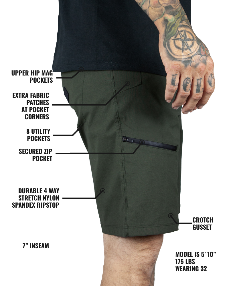 Dark army green field shorts by Off The Grid Surplus, featuring a relaxed fit and multiple pockets for outdoor wear.