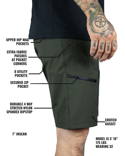 Dark army green field shorts by Off The Grid Surplus, featuring a relaxed fit and multiple pockets for outdoor wear.