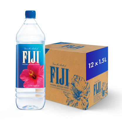 Fiji Water natural artesian bottled water, 50.7 fl oz, 12-pack, clear bottles with Fiji label and cap, on a white background.