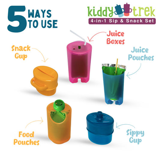 Flipping Holder KiddyTrek 4-in-1 nursing and feeding set with food pouch, juice box holder, snack cup, and sip cup in final image.