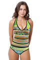 Loco Boutique reversible halter tankini with floral and stripe patterns, front view showing vibrant design and supportive fit.