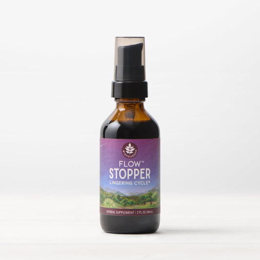 WishGarden Herbs women's Flow Stopper lingering cycle supplement in a natural herbal formula container.