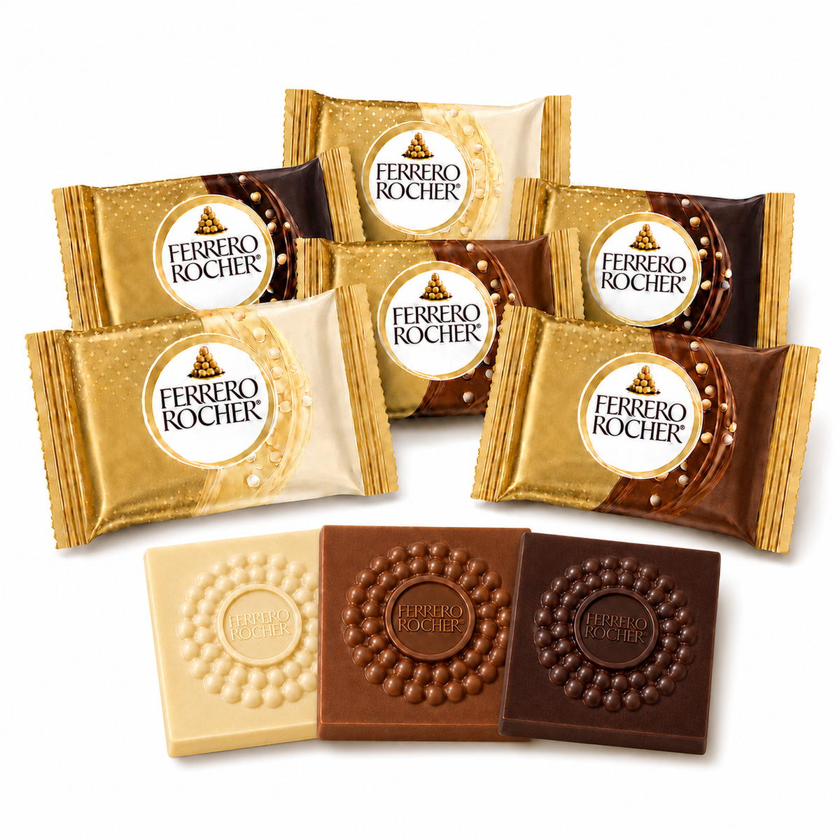 Assorted Ferrero Rocher chocolate hazelnut squares in individually wrapped pieces from Candy In Bulk, displayed in a bulk value bag.