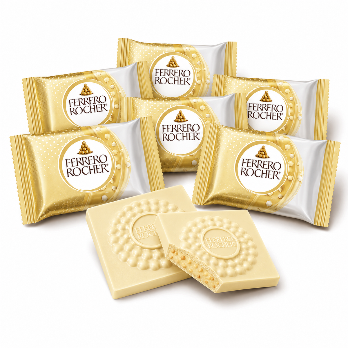 Assorted Ferrero Rocher White Chocolate Hazelnut Squares in a bulk bag, individually wrapped, by Candy In Bulk.